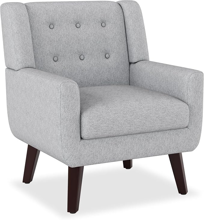 Accent Chairs, Mid-Century Modern Upholstered Living Room Armchair, Comfy Oversized Linen Fabric Single Reading Arm Chair with Tufted Back and Wood Legs for Bedroom, Club (1, Light Grey)