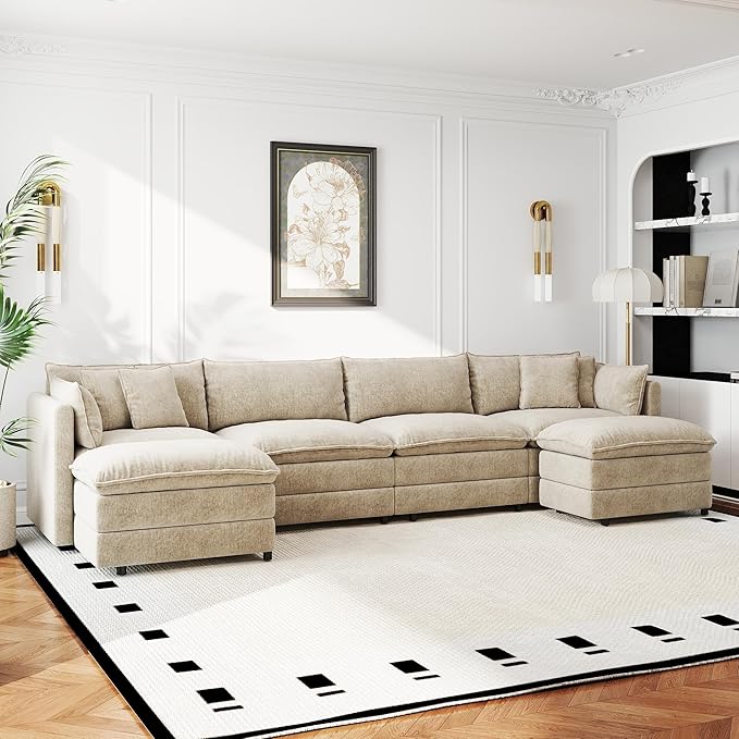 Aoowow Modular Sectional Sofa Modern Convertible U Shaped Couch,147.2 Inch Deep 4-Seater Sofas Set Comfy Chenille Cloud Sofas and Couches with Movable Ottoman for Living Room Apartment（Camel）