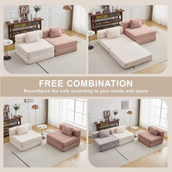 Folding Sofa Bed, Convertible Sleeper Chair with Pillow, Single Sofa with Back Support, Portable Fold Out Chair Cloud Couch Bed, Comfy Floor Sofa Lounge for Living Room Bedroom, White