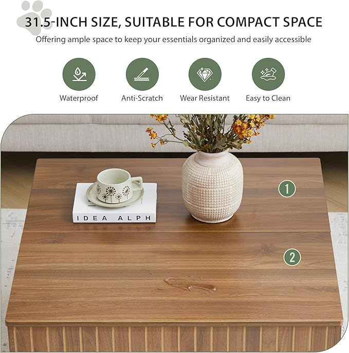 weselon 31.5" Square Coffee Table with Storage, Mid-Century Modern Center Table with Arched Cutouts and Carved Lines, 2-Tier Tea Table for Living Room, Cat-Friendly Base (Walnut)