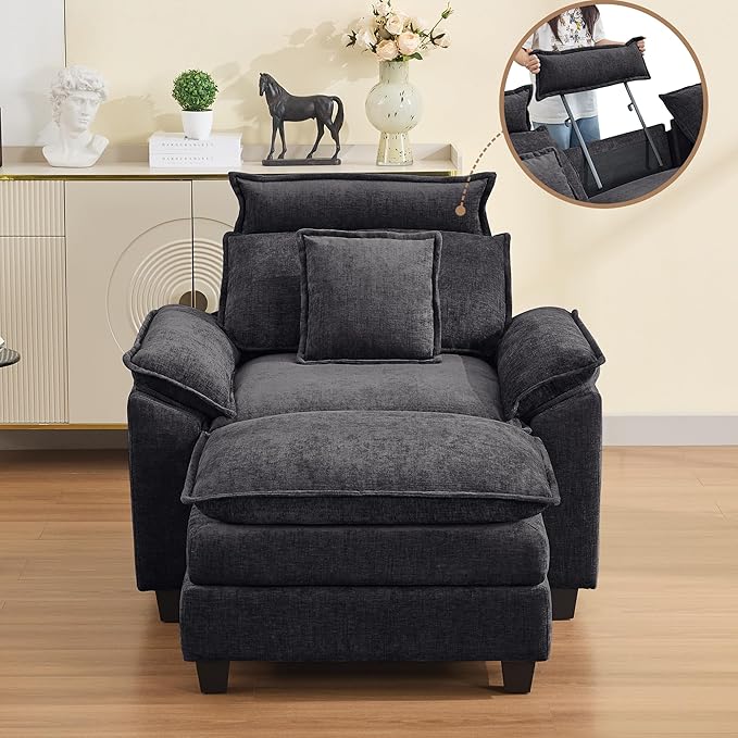 46''Cloud Sofa Chair with Detachable Headrest, Oversized Upholstered Arm Accent Chair with Ottoman, Modern Chenille Reading Lounge Comfy Armchair for Living Room,Bedroom, Dark Grey