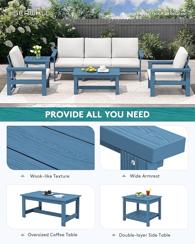SERWALL HDPE Patio Furniture Set, 7-Piece Outdoor Sectional Sofa Set, All Weather Outdoor Couch Set for Deck, Lawn, Blue Frame with Khaki Cushion