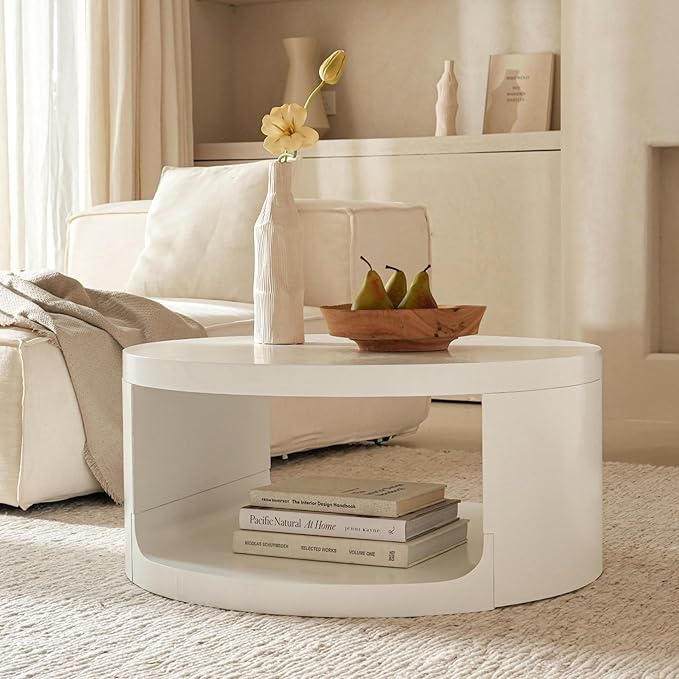 Veihaus Round Coffee Table with Storage, 31.5" Modern Living Room Table, 2 Tier Circle Wood Center Tables for Apartment, Living Room, Open-Style Storage White Coffee Tables, 31.5"*15.7" (White)