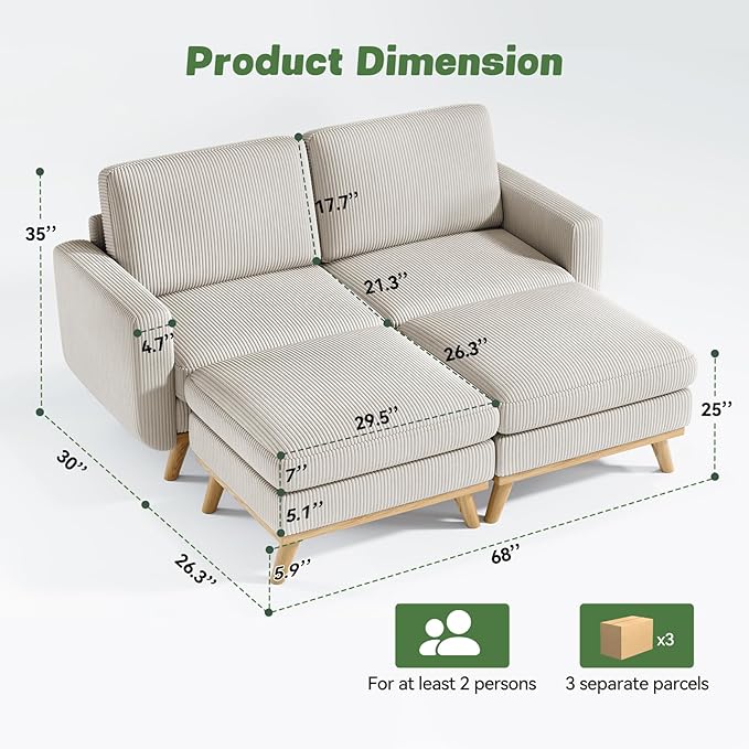 Vesgantti 68" Loveseat Sofa with Movable Ottoman, Comfy Corduroy Couch with Spring Cushion, Sofa Couch with Solid Wood, Modern Office Sofa with Deep Seat for Living Room and Bedroom, Light Gray