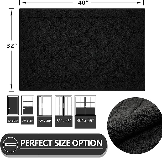 REFETONE Indoor Doormat, Front Back Door Mat 32"x40" Rubber Backing Non Slip Mats, Absorbent Washable Entrance Doormat for Entryway, Resist Dirt Low-Profile Inside Floor Mat for Muddy Shoes, Black