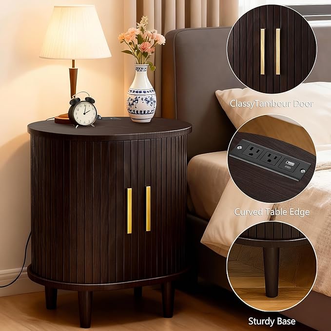 DHH Mid Century Modern Nightstand Set of 2 with Charging Station, Fluted Accent Side Table with Sliding Door & Adjustable Shelf, End Table for Small Space, Living Room, Bedroom,Sofa Couch, Brown