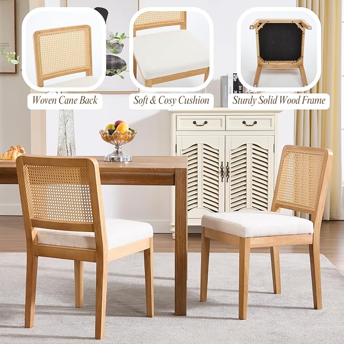LukeAlon Modern Dining Chairs Set of 4 Farmhouse Kitchen Chairs with Woven Cane Back, Soft Chenille Upholstered Seat, Solid Wood Legs for Dining Room, Breakfast Nook, Comfortable & Stylish, White