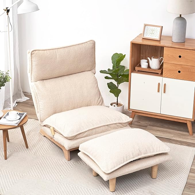 Floor Chair Single Lazy Sofa Leisure Balcony Reclining Japanese Tatami Adjustable Recliner with Ottoman for Living Room, Bedroom, Indoor Use (Stacked Footstool, Beige)