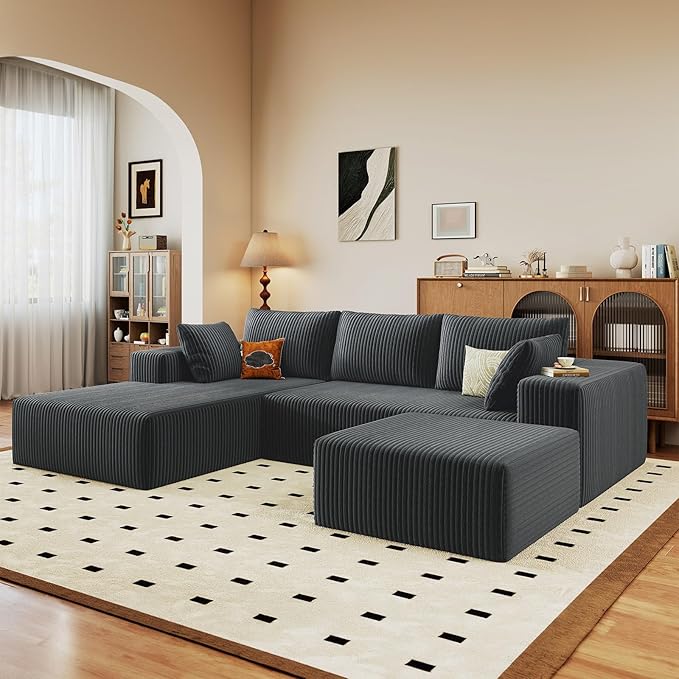 96" W Cloud Sectional Couch with Ottoman,Modern U-Shaped Cloud Couch with Deep Seat,Comfy Corduroy 3-Seater Sofa,Memory Foam Sofa for Living Room,No Assembly (Dark Grey,Left-Facing Chaise)