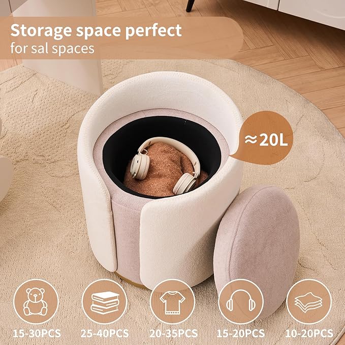 Vanity Chair with Storage, Round Boucle Vanity Stool No Wheels, Swivel Ottoman Chair with Upholstered for Women, Makeup Chairs Accent Stool with Back for Living Room, Gold Base, Beige