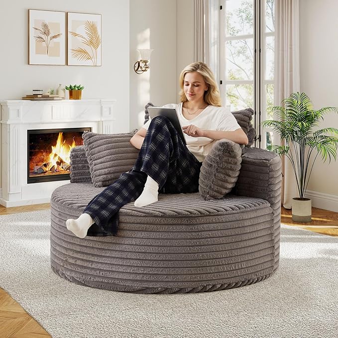 50"W Oversized Round Chaise Lounge Chair Indoor, Upholstered Corduroy Deep Seat Cloud Circle Sofa Chair, Modern Fluffy Comfy Floor Reading Armchair for Living Room, Bedroom, No Assembly Required, Grey