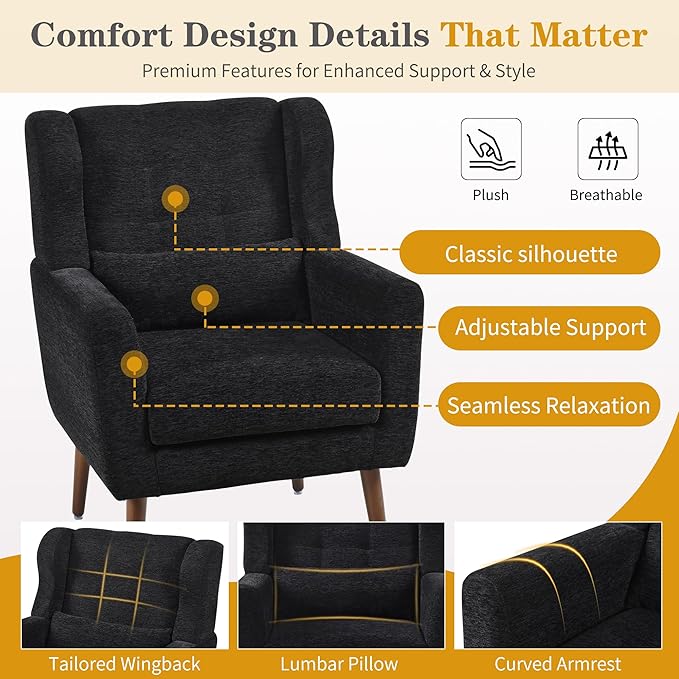 QKFF Modern Accent Chair, Upholstered Armchair with Pillow, Fabric Single Sofa Chair with Lounge Seat Solid Wood Legs Accent Chair for Living Room Bedroom Small Spaces(Black)