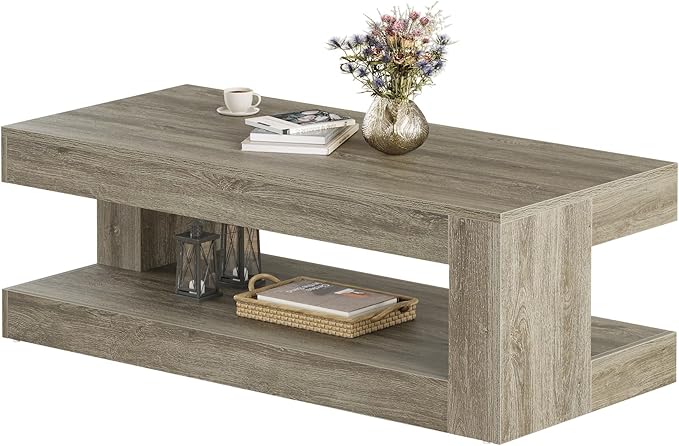 Tribesigns Coffee Table for Living Room, 47.24 Inch Farmhouse 2-Tier Accent Center Tea Cocktail Table with Storage, Elegant Grey, Rectangular