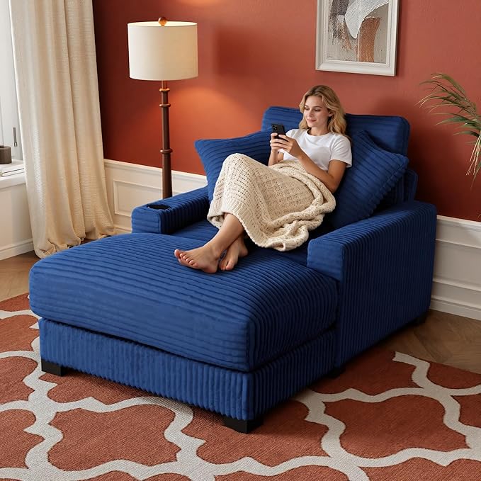 Oversized 60" Chaise Lounge Chair with Adjustable Backrest, Solid Wood Frame Corduroy Upholstery, Cup Holder USB & Type-C Port, 2 Pillows Sleeper Couch Deep Seat for Living Room, Bedroom, Blue