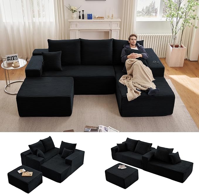 107" W Cloud Sectional Couch with Ottoman,Modern U-Shaped Cloud Couch with Deep Seat,Comfy Corduroy 3-Seater Sofa,Memory Foam Sofa for Living Room,No Assembly (Jet Black,Right-Facing Chaise)