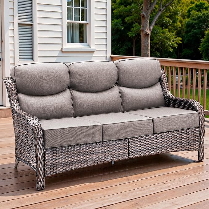 Pugire 71'' Patio Couch Outdoor Wicker Sofa, Heavy Duty All-Weather Rattan 3-Seater Sofa with Deep Seating and Removable Cover, Outdoor Patio Furniture for Deck Porch Sunroom Backyard Brown/Grey