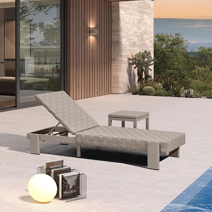 PURPLE LEAF Patio Lounge Chair Modern Outdoor PU Leather Style Chaise Lounge 1 Piece with Side Table Adjustable Backrest Aluminum Luxury Chaise Lounge Chairs for Pool Garden Backyard Beach, Tapue