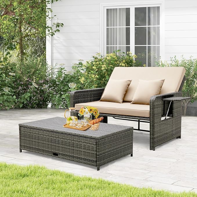 RELAX4LIFE Wicker Patio Outdoor Daybed - Rattan Day Bed Lounger w/Loveseat & Storage Ottoman, Sunbed Sofa Set w/Cushions, 4-Level Adjustable Backrest & 2 Retractable Trays, Patio Daybed (Beige-Grey)