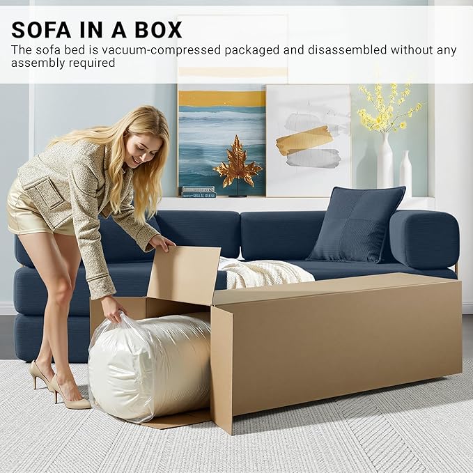 78" Convertible Sleeper Sofa Bed, Corduroy Folding Sofa Bed with Fixed-Shape Frame, Fold Out Floor Mattress Couch, Lazy Compression Sofas for Living Room, Bedroom, No Assembly Required, Blue