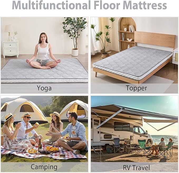 Zelladorra Japanese Floor Mattress, Quilted Futon Mattress with Anti-Slip Bottom, Foldable Floor Bed with Storage Bag and Straps, (Light Grey, Twin)
