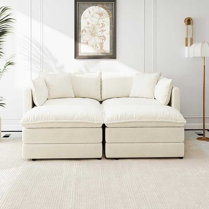 Aoowow Modular Sectional Sofa Modern Convertible Loveseat Couch,77.16 Inch Deep 2-Seater Sofas Comfy Chenille Cloud Sofas and Couches Set with 2 Movable Ottoman for Living Room Apartment（Beige）