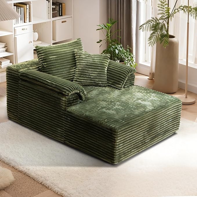 Oversized Chaise Lounge Chair Indoor, Upholstered Single 61'' Rolled Arm Boneless Cloud Sofa Bed Sleeper Couch, No Assembly Faux Rabbit Fur Memory Foam Reading Chair for Living Room Bedroom Green
