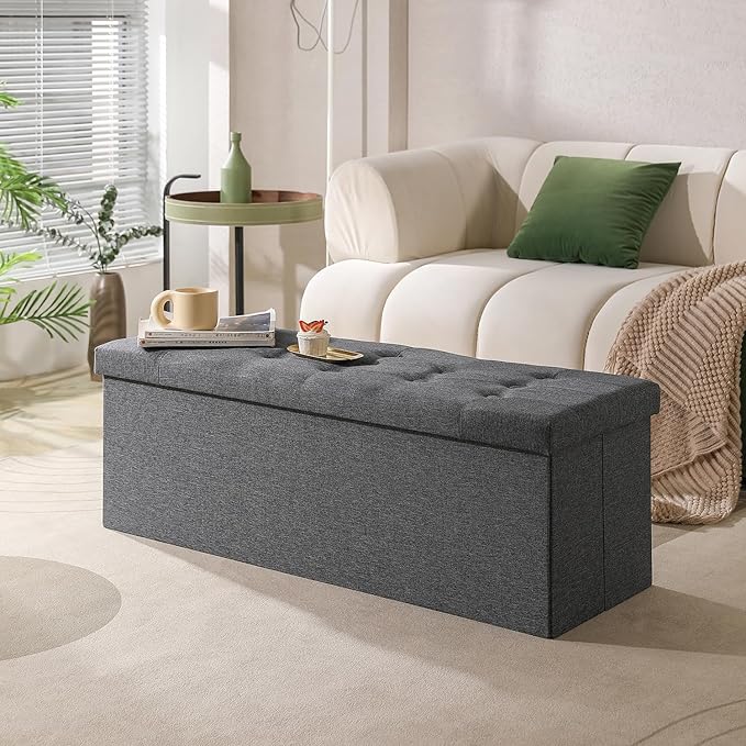 PRANDOM Jumbo Ottoman with Storage [1-Pack] Linen Folding Small Square Foot Stool with Lid for Living Room Bedroom Coffee Table Dorm Grey 43x15x15 inches