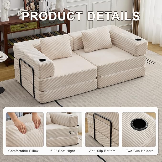 78" Loveseat Sleeper Sofa, 4 in 1 Convertible Floor Sofa Bed, Boneless Cloud Couch with Cup Holder, Fold Out Floor Couch for Living Room Bedroom Lounge, Corduroy, White