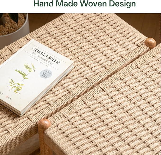 Vadisun Solid Oak Shoe Bench Assembled, Farmhouse Shoe Rack Bench with Woven Rope Design for Entryway, Living Room, Bedroom, Hallway, 11.8" x 31.5" x 16.1", Natural