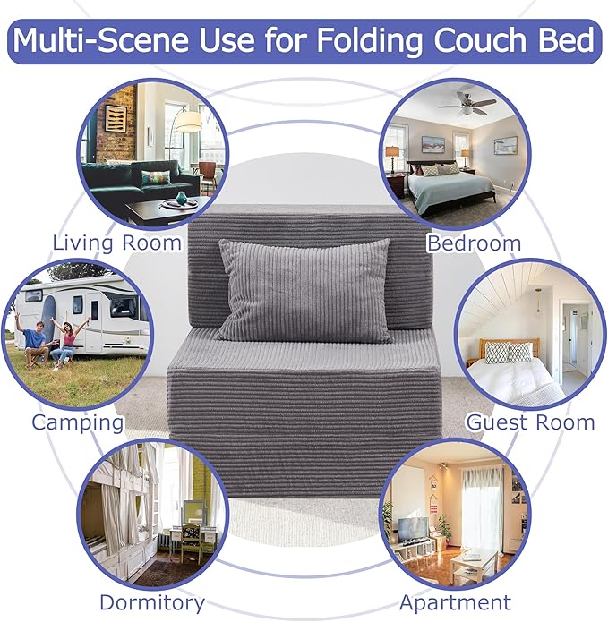 HILERO Folding Sofa Bed, 4 in 1 Convertible Sleeper Chair with Pillow, Single Memory Foam Fold Out Chair Bed, Modern Floor Futon Sofa Couch Mattress for Living Room/Guest/Apartment, Light Gray