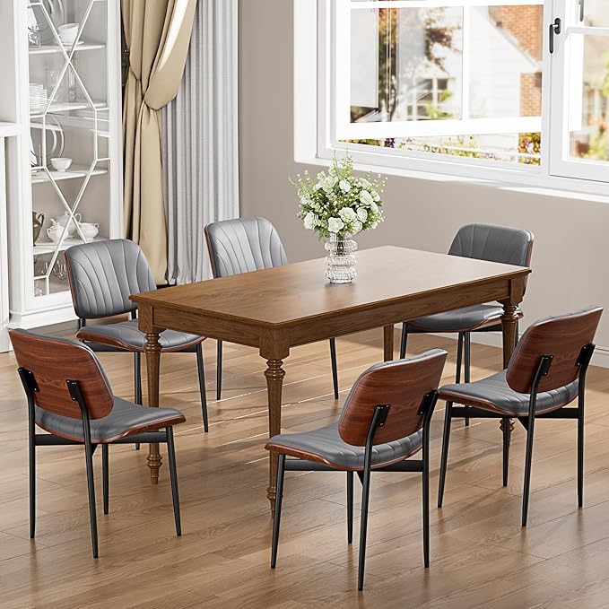 YaFiti Dining Chairs Set of 2, Dining Room and Kitchen Chairs, Mid Century Modern Accent Chair, Upholstered PU Leather Chairs for Vanity with Walnut Bentwood and Metal Legs, Gray