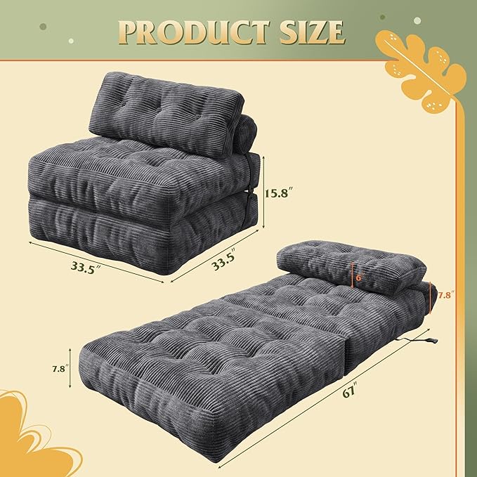 WLIVE Sofa Bed, Bonless Couch, Bean Bag Chairs for Adults, Pull Out Couch, with Pillow, for Living Room Dorm Bedroom, Dark Grey