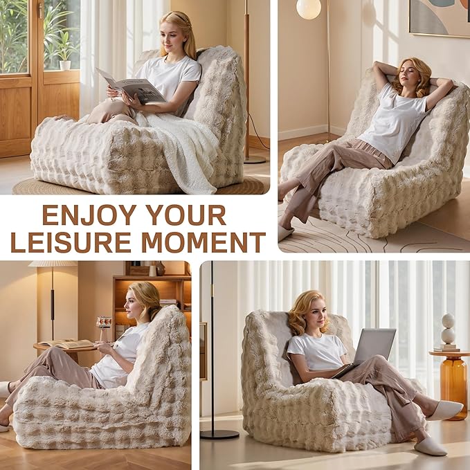 Bean Bag Chair for Adults, Giant Beanbag Lounger with Plush Faux Fur, Comfy Memory Foam Chair Floor Lazy Chair for Living Room Bedroom Dorm Apartment Reading Nook，Beige