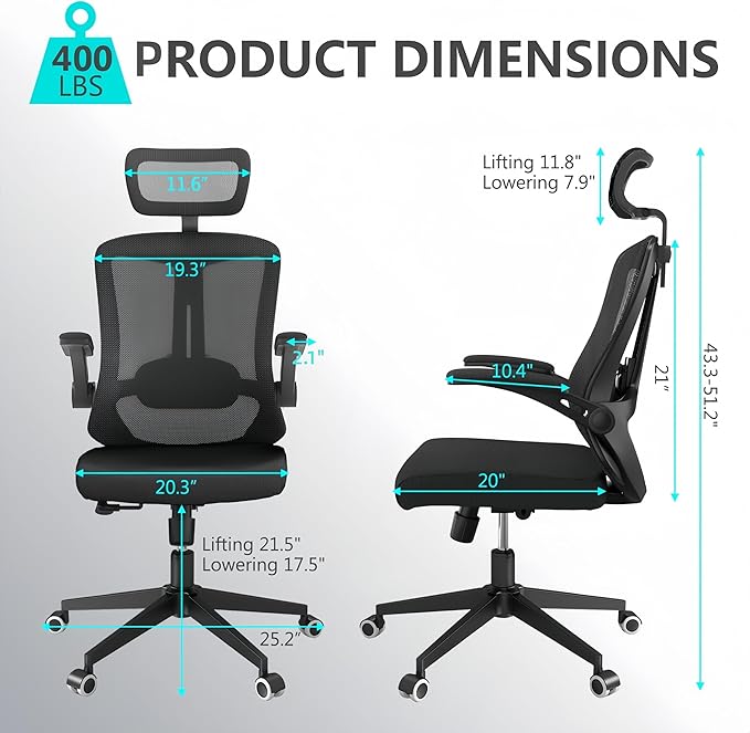 Ergonomic Office Chair - 400LB Comfy Desk Chairs with Adjustable Headrest and Lumbar Back Support, Mesh Computer Chairs with Wheels and Arms for Home Office, Study (Black-with Headrest)