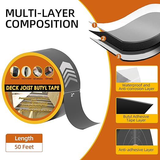 JOAPRIL 24 Pack Joist Tape for Decking, 2" x 50' Weather-Resistant Butyl Deck Joist Tape 2 inch, Self Adhesive Joist Deck Tape for Hardwood for Wood Decks Beams Roof