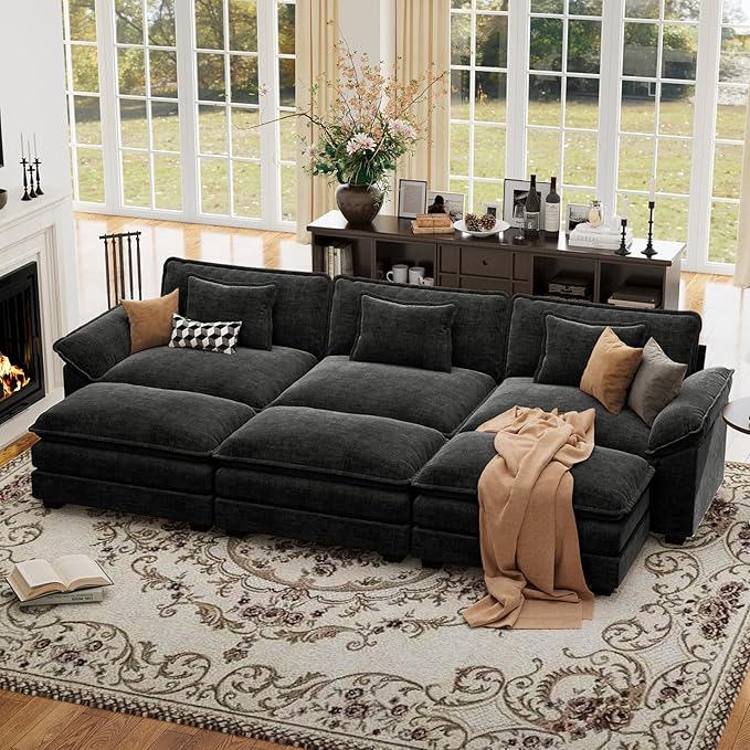 CDCASA 120" Oversized Modular Sectional Sofa Bed, Comfy Cloud Couch w/ 3 Movable Ottoman, 6-Seater Chenille Deep Seat Sofa Bed Modern Sofa Couch for Living Room, DIY Combination, Black