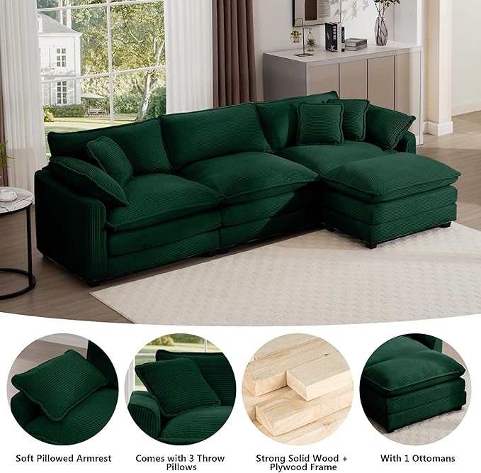 Aoowow Corduroy 3 Seater Cloud Couch with Ottoman,Modern Cloud Couches for Living Room,Modular Sectional Cloud Sofas with Deep Seat,Oversized Tufted L-Shaped Sofa Set. (Green, 3 Seater + 1 Ottoman)