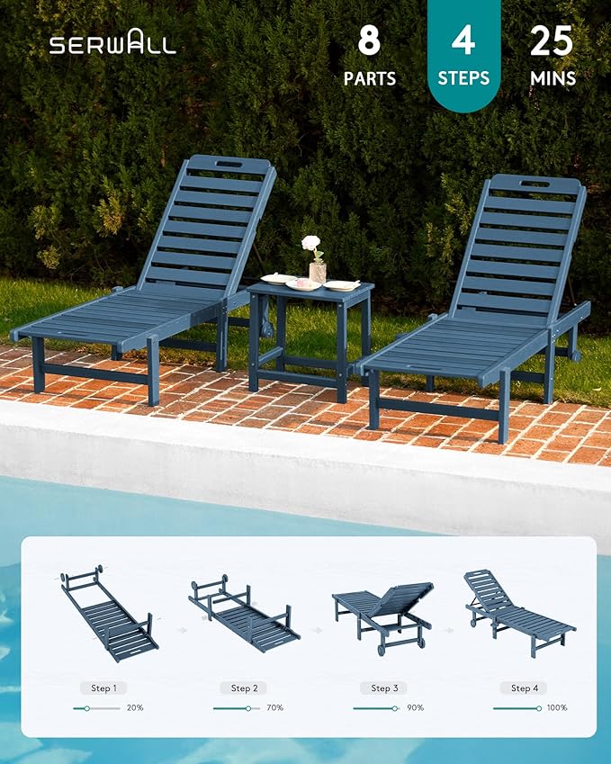 SERWALL Patio Chaise Lounge Set of 2, 78" Long Outdoor Lounger with Cup Holder and Rolling Wheels, HDPE Pool Chaise for Poolside, Deck, Sunbathing, Blue