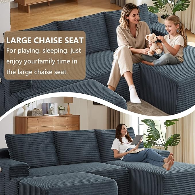 96" U-Shape Cloud Couch, Modern Modular Sectional L-Shape Sofa with Ottoman, Corduroy Upholstered Couches Deep Seat Sleeper Chaise Longue for Living Room, No Assembly Required(Dark Gray, Right Facing)