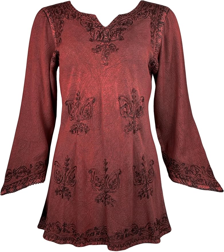 Agan Traders 2025 Winter Long Sleeve Diamond Neck Embroidered Tops - Medieval Boho Vintage Tunic Kurta Blouses for Women