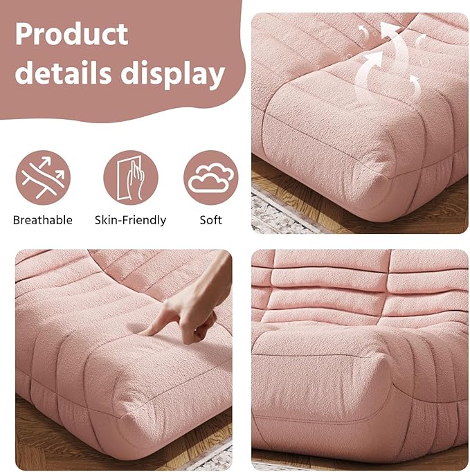 Bean Bag Chair, Fireside Chair, Large Bean Bag Chair for Adults, Bean Bag Chairs for Teens with High-Resilience Foam, Non-Slip Base Floor Lounge Sofa,Living Room (Pink, 3-Seater)