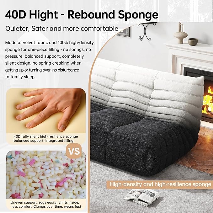 Bean Bag Chairs for Adults, Memory Foam Couch Loveseat Sofa Chair, Soft Teddy Material Cozy Comfy Reading Nook Chairs, Floor Chair for Living Room Bedroom Office(Black-White)