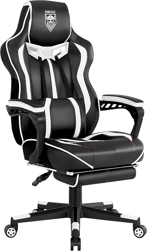 Vonesse Gaming Chair with Footrest,Reclining Computer Gaming Chair for Adults,Big and Tall Gamer Chair with Massage,Ergonomic High Back (White/Black)
