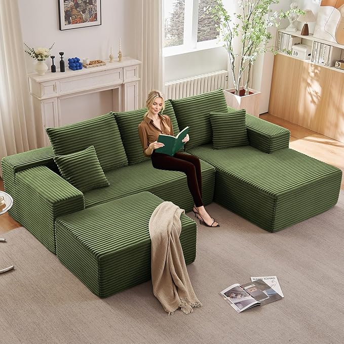 107" W Cloud Sectional Couch with Ottoman,Modern U-Shaped Cloud Couch with Deep Seat,Comfy Corduroy 3-Seater Sofa,Memory Foam Sofa for Living Room,No Assembly (Green,Right-Facing Chaise)