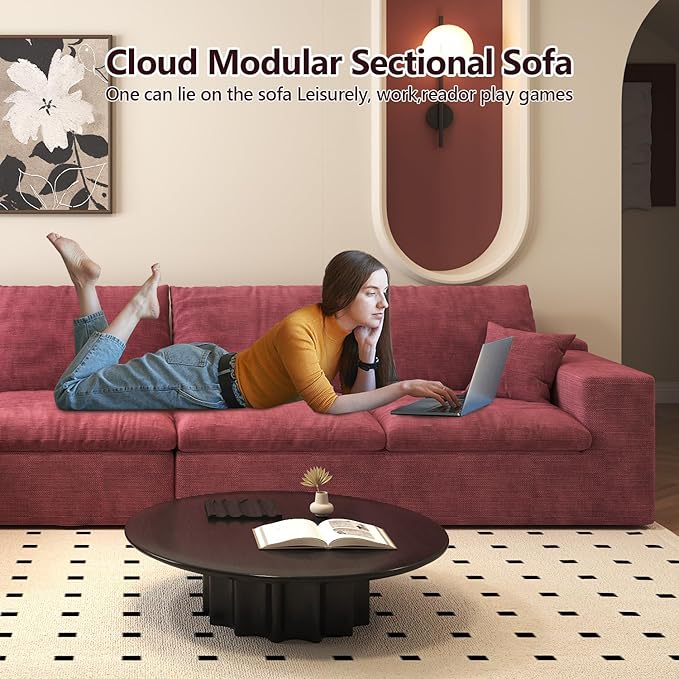 136.6'' L-Shaped Modern Modular Sectional Cloud Couch, 4-Seat Chenille Deep-Seat Sofa with Pillow for Living Room, Bedroom, Apartment, Wine Red