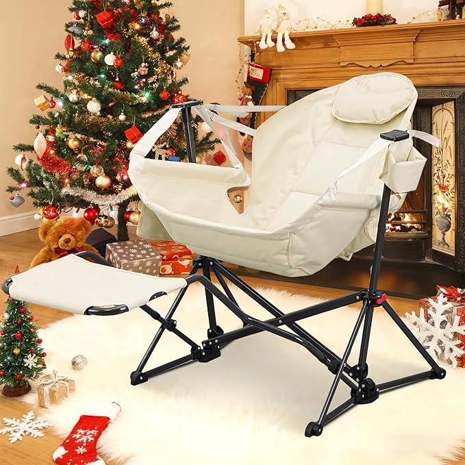 GDY Camping Chairs, Oversized Hammock, Folding Rocking Chairs, Adjustable Back Swing Chairs, Cup Holder, Outdoor Beach Lawn, White.