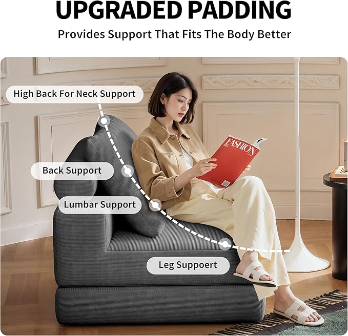 Folding Sofa Bed – Convertible Sleeper Chair Bed with Pillows/Single Floor Couch/Small Futon Couch Filled with High-Density Foam for Lounge, Guest Room or Office (Gray)