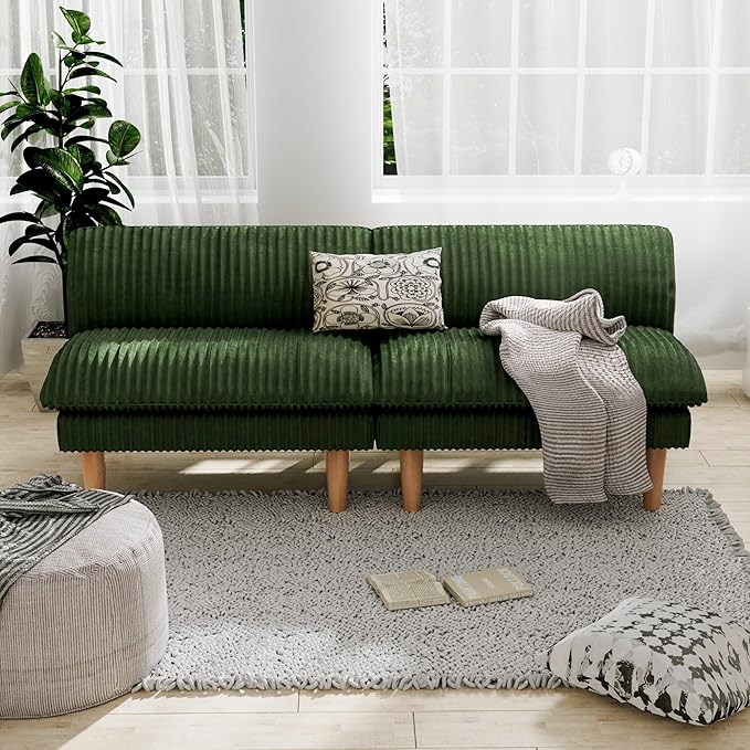 2 Sets 69" Futon Sofa Bed, 4 in 1 Multi-Function Couch Sleeper with Adjustable Backrest, Modern Convertible Futon, Recliner Small Loveseat for Living Room, Plush Green