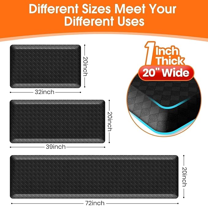 StepRite 1” Thick Kitchen Mats for Floor, Anti Fatigue Kitchen Rugs, Non-Slip,Heavy Duty Waterproof Kitchen Rug, Standing Desk Mat, Gifts for Friends, Family, Home, Kitchen, Office (32" x 20", Black)