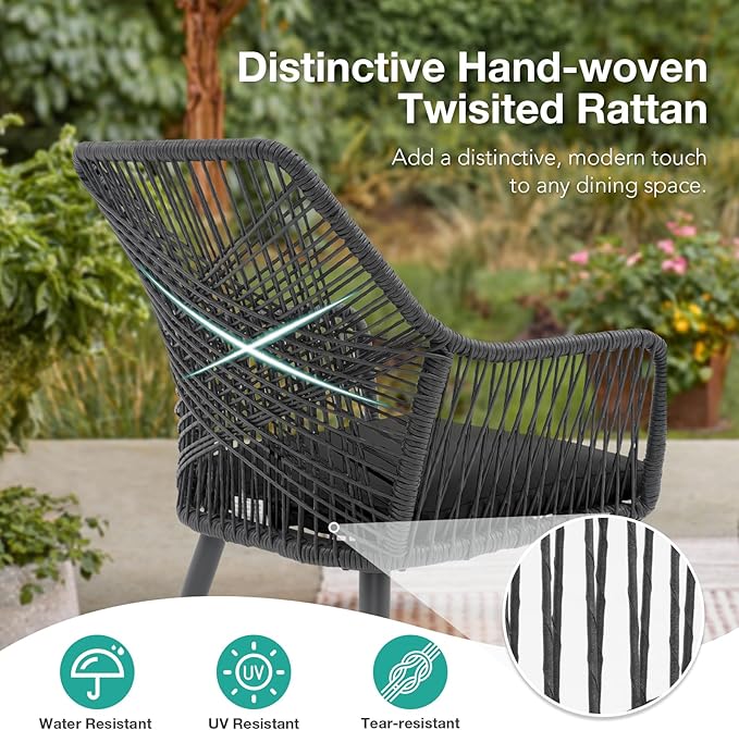 Patiorama Patio Dining Chair Set of 6,Woven Rope Outdoor Dining Chairs w/Steel Frame,All-Weather Twisted Rattan Chairs w/Armrest & Cushion,Outdoor Dining Wicker Chairs for Backyard Garden(Dark Grey)